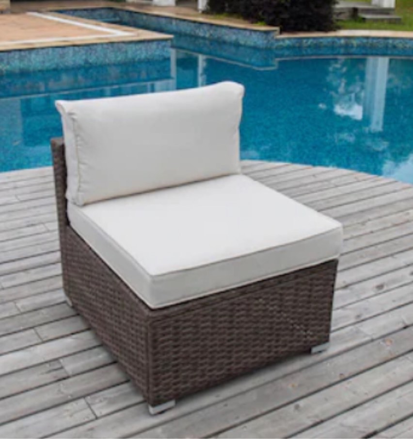 outdoor wicker patio chairs, armless chairs, grey wicker with beige cushions, 4 piece 