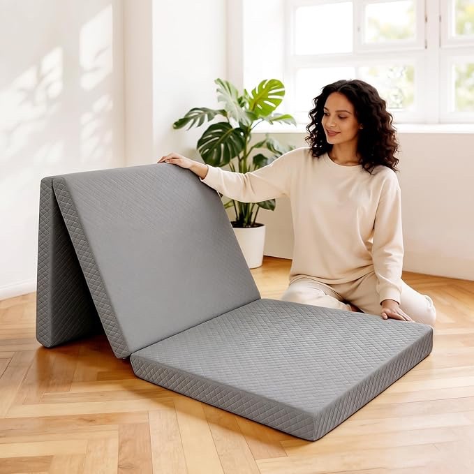 Tri-Folding Mattress, 3 Inch Portable Folding Mattress Topper with a Collapsible and Washable Cover, Portable Floor Bed for Travel, Fold Up Guest Bed, Camping and Yoga (Single, Gray)