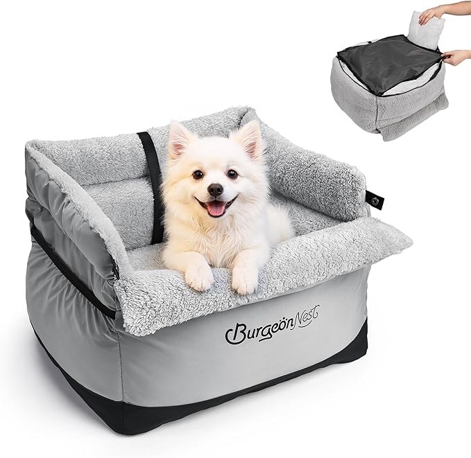 burgeonnest dog car seat for small dogs up to 25 lbs - washable pet booster seat with safety leash & storage pockets, grey