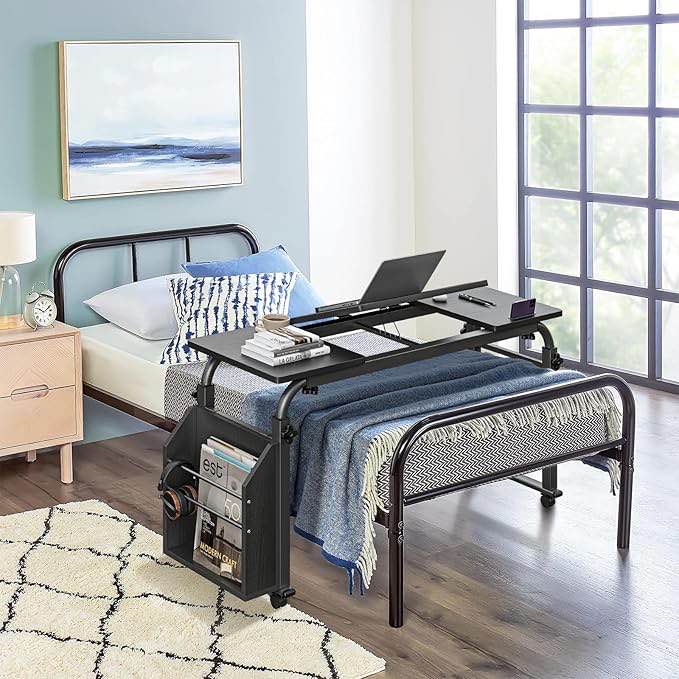 47.24 in Overbed Table with Wheels, Bed Laptop Table, Adjustable Height and Tilt Board, Reinforced Packaging, Suitable for Hospital and Home Use, Over Bed Desk, Recliner Table, Black
