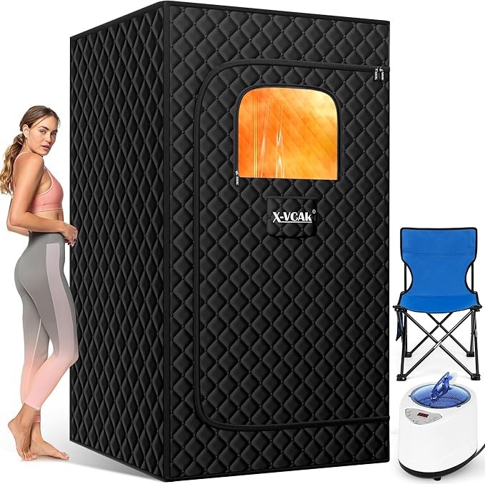 X-Vcak Upgraded Portable Sauna for Home?Relaxation, Steam Sauna for Home with Steamer, Remote Control, Folding Chair, 9 Levels