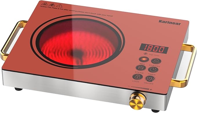 karinear portable electric stove 110v, 1800w electric hot plate with handle, knob control single burner electri cooktop, ceramic infrared countertop burner, timer, safety lock(pink)