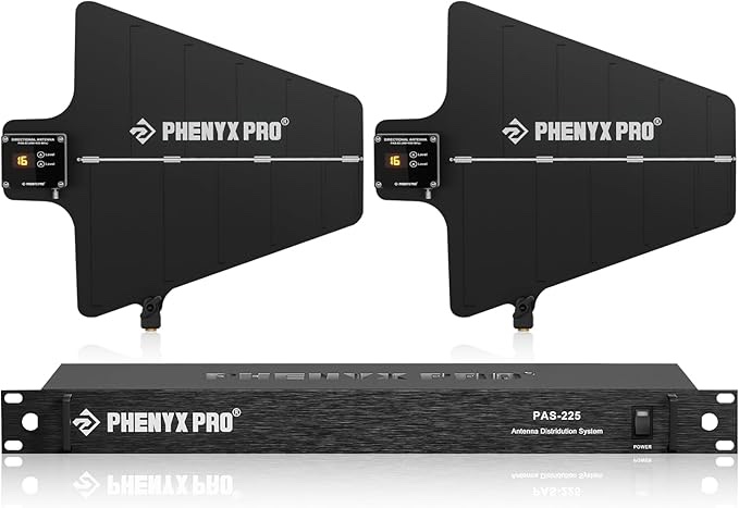 Phenyx Pro PAS-225X UHF Wireless Antenna Distribution System Bundle, Active Directional Receivers w/ 8 Outputs + 2 Cascade Ports, 160ft Long Coverage, Wireless Mic Antenna for Stages and Live Shows