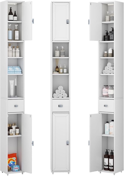 Tall Storage Cabinet, 7.9 Inch Narrow Bathroom Cabinet with USB Magnetic Light, Open Shelf, Magnetic Doors & Drawer, 5 Adjustable Shelves, Anti-Tip Kit for Small Spaces, Living Room, White, 70.9" H