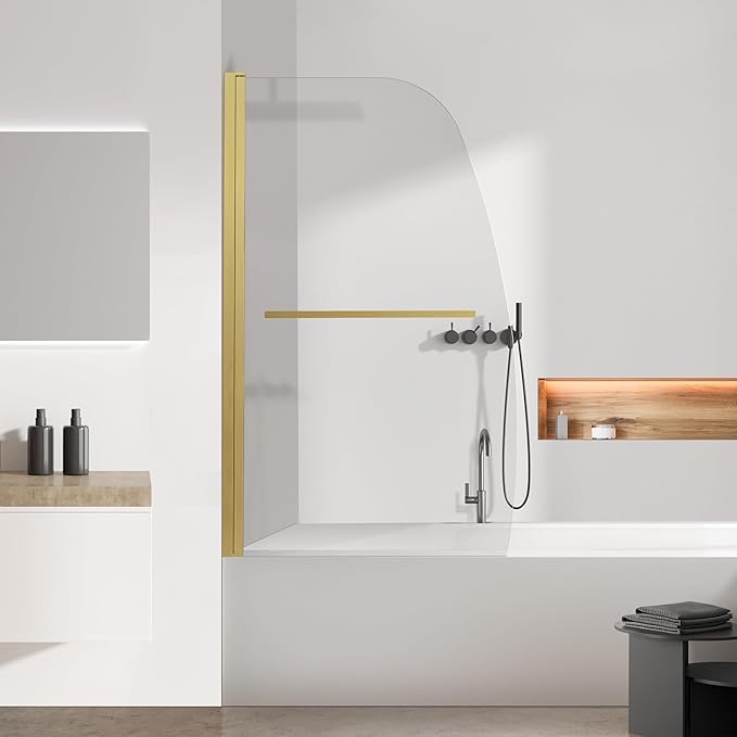 bathtub shower glass door, frameless pivot tub shower door 34 * 58 inch, 5/16"(8mm) thick clear tempered glass with towel rackbrushed gold finish