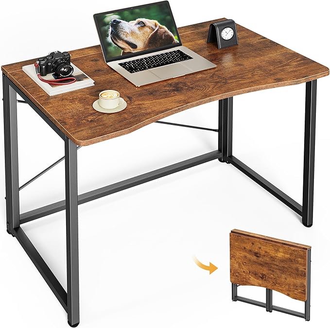 huuger folding desk for small spaces, 31.5 inch foldable computer table, for home office, study, bedroom, dorm, space saving, small writing work office computer desk, easy to fold, rustic brown
