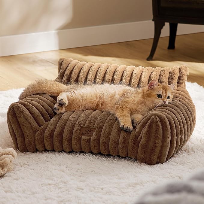 bedsure comfyfleece™ cute cat couch for pets - as seen on tv on good day new york, fuzzy cats beds for indoor cats with removable washable cover, supportive pet sofa, 24inch, camel brown