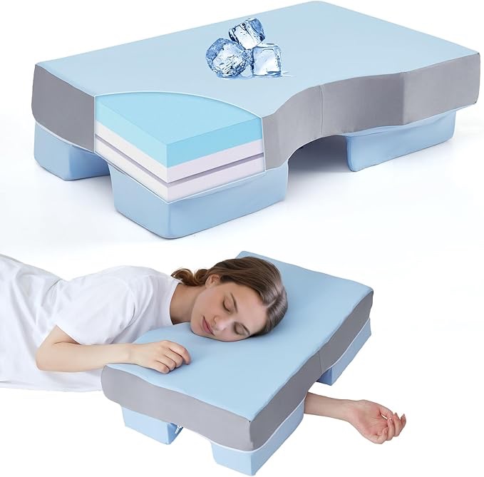 Side Sleeper Pillow with Arm Hole, Adjustable Shoulder Pillow for Side Sleepers, Memory Foam Pillows Provides Support & Reduces Arm Pressure, Cooling Nylon arm piliows, Cuff Pain Relief, Blue