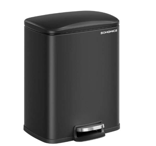 songmics trash can, garbage can with lid, 5.2-gallon (20l) step trash bin for kitchen, stainless steel, soft close and stays open, inner bucket, black ultb543b01