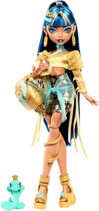 Condition photo showing Good Condition for monster high cleo de nile doll in golden blouse & layered skirt, includes pet cobra hissette & accessories like a backpack, snack & scroll