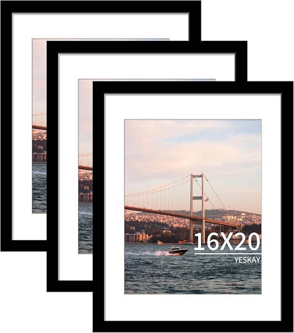 yeskay 16x20 picture frame black set of 3, display pictures 11x14 with mat or 16 x 20 without mat, poster frames 16x20 for wall hanging horizontal and vertical