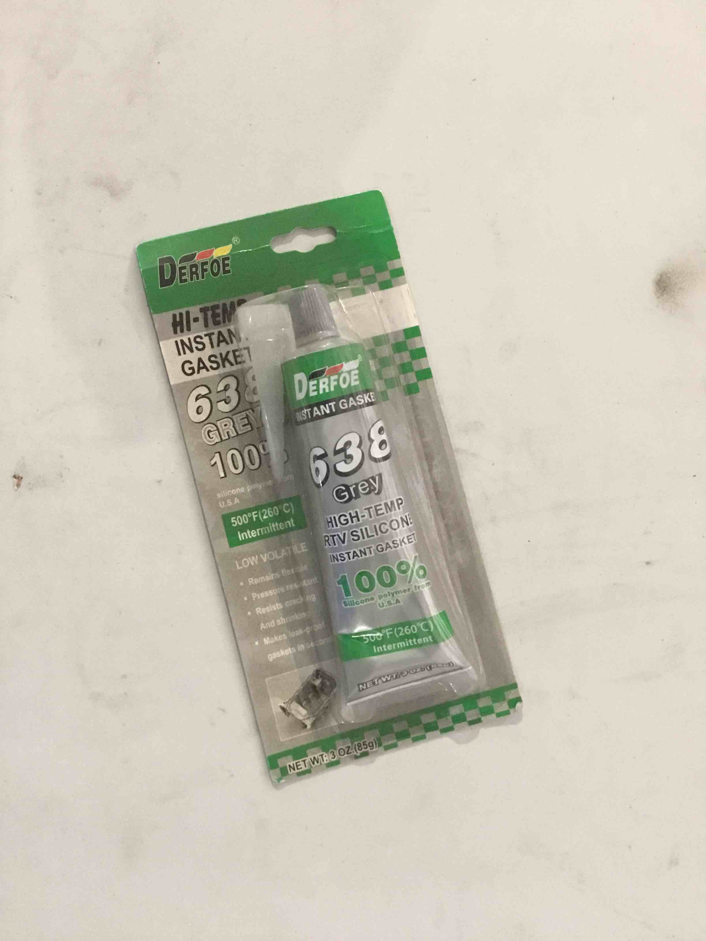 Condition photo showing New/Like New for derfoe hi temp instant gasket silicone polymer 638 gray 3oz tube genuine oem