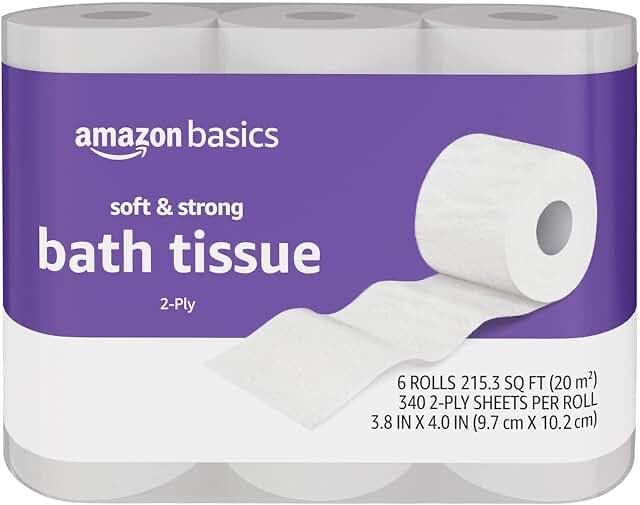 amazon basics soft and strong 2-ply toilet paper, 6 ultra rolls = 24 regular rolls, unscented, 340 sheets per roll, septic safe