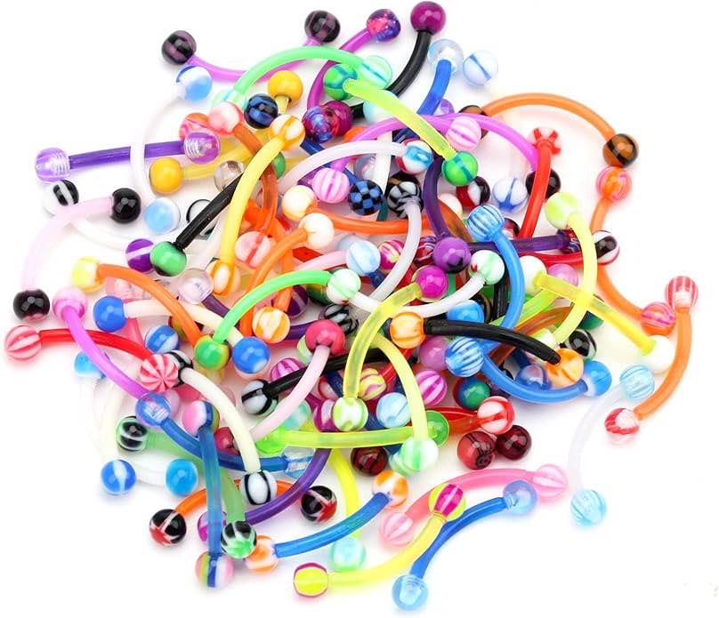 CrazyPiercing Colorful Ball Acrylic Flexible Curved Bar Eyebrow Rings Tragus Piercing Jewelry, 16G, 50 pieces