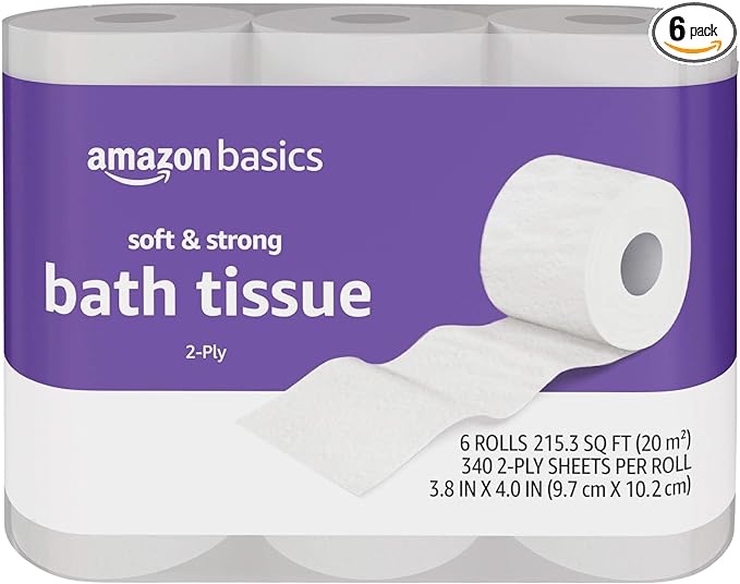 amazon basics soft and strong 2-ply toilet paper, 6 ultra rolls = 24 regular rolls, unscented, 340 sheets per roll, septic safe