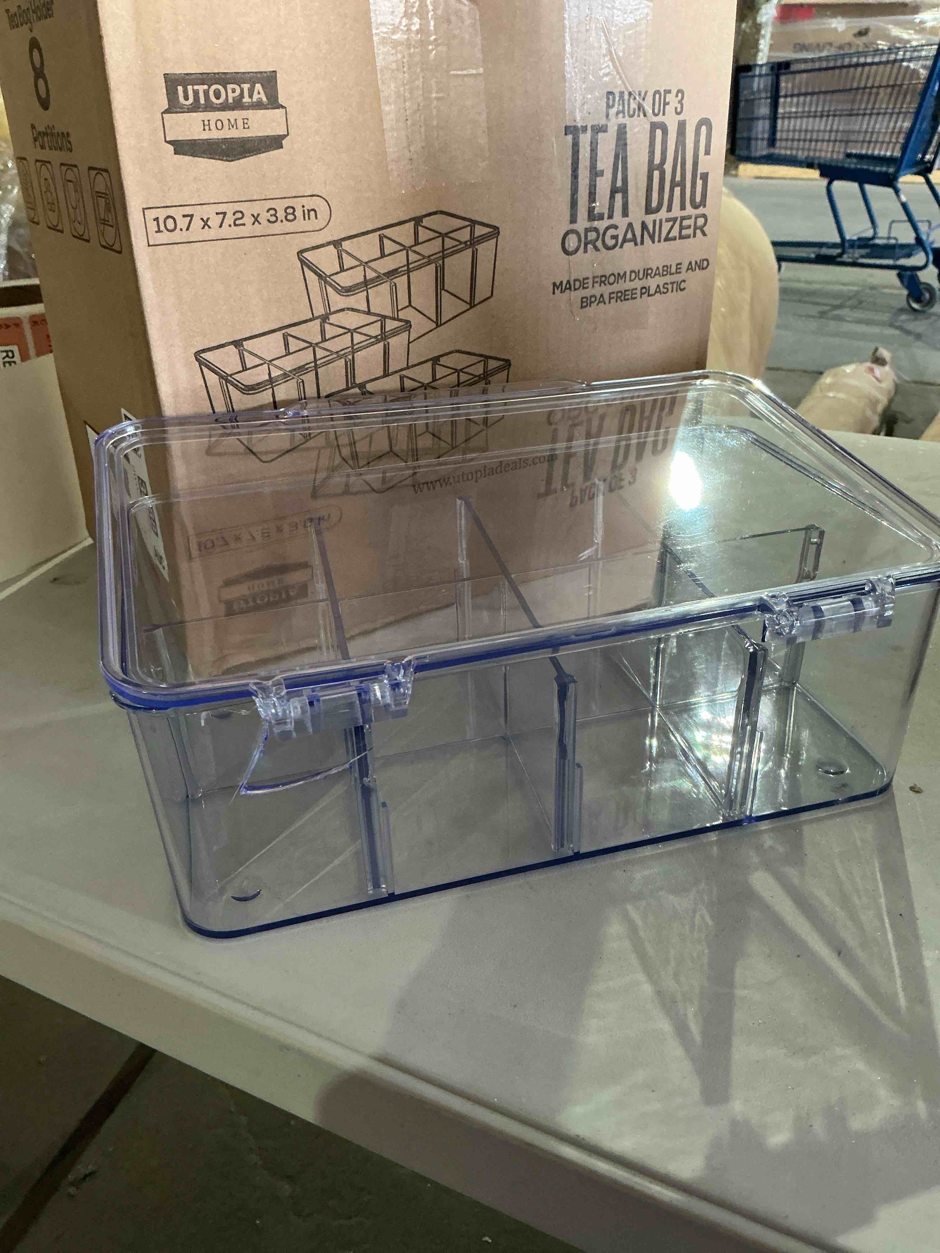Condition photo showing As Is for utopia home tea bag organizer – 3 pack stackable tea storage containers with lids – clear plastic tea bag holder for kitchen cabinet, pantry organizers and storage, cupboard, snack & home organization