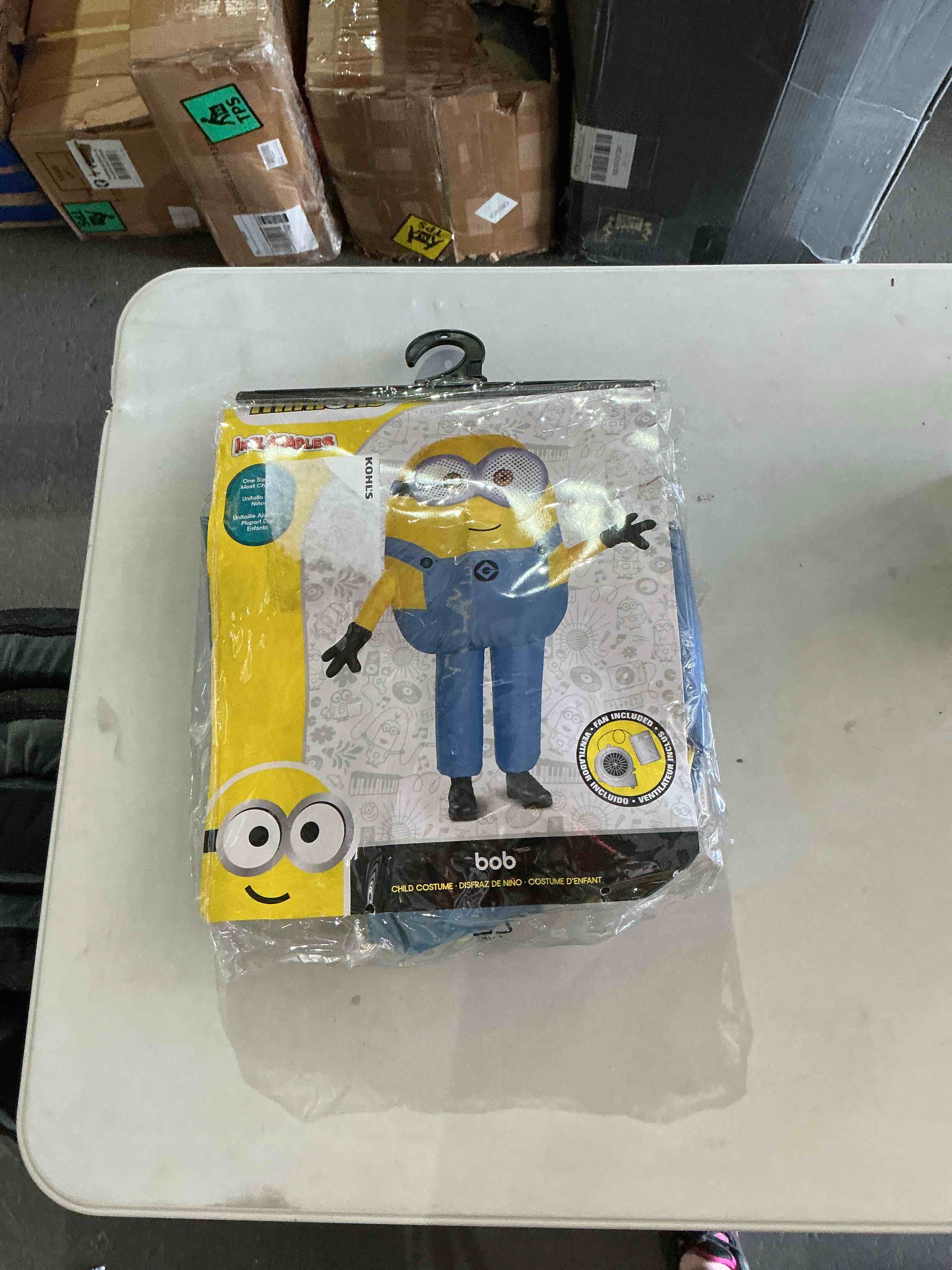 Condition photo showing Good Condition for disguise bob inflatable minion costume for kids, official minions halloween costume, blow up jumpsuit with fan, child size (up to 7-8)