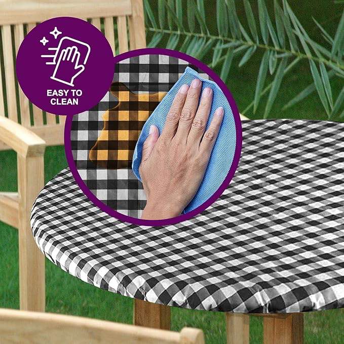 Condition photo showing As Is for  click to see full view                   4 videos sorfey round tablecloth -fitted with elastic, vinyl with flannel back, fits for table 60 inches round,water proof, easy to clean, checked black design