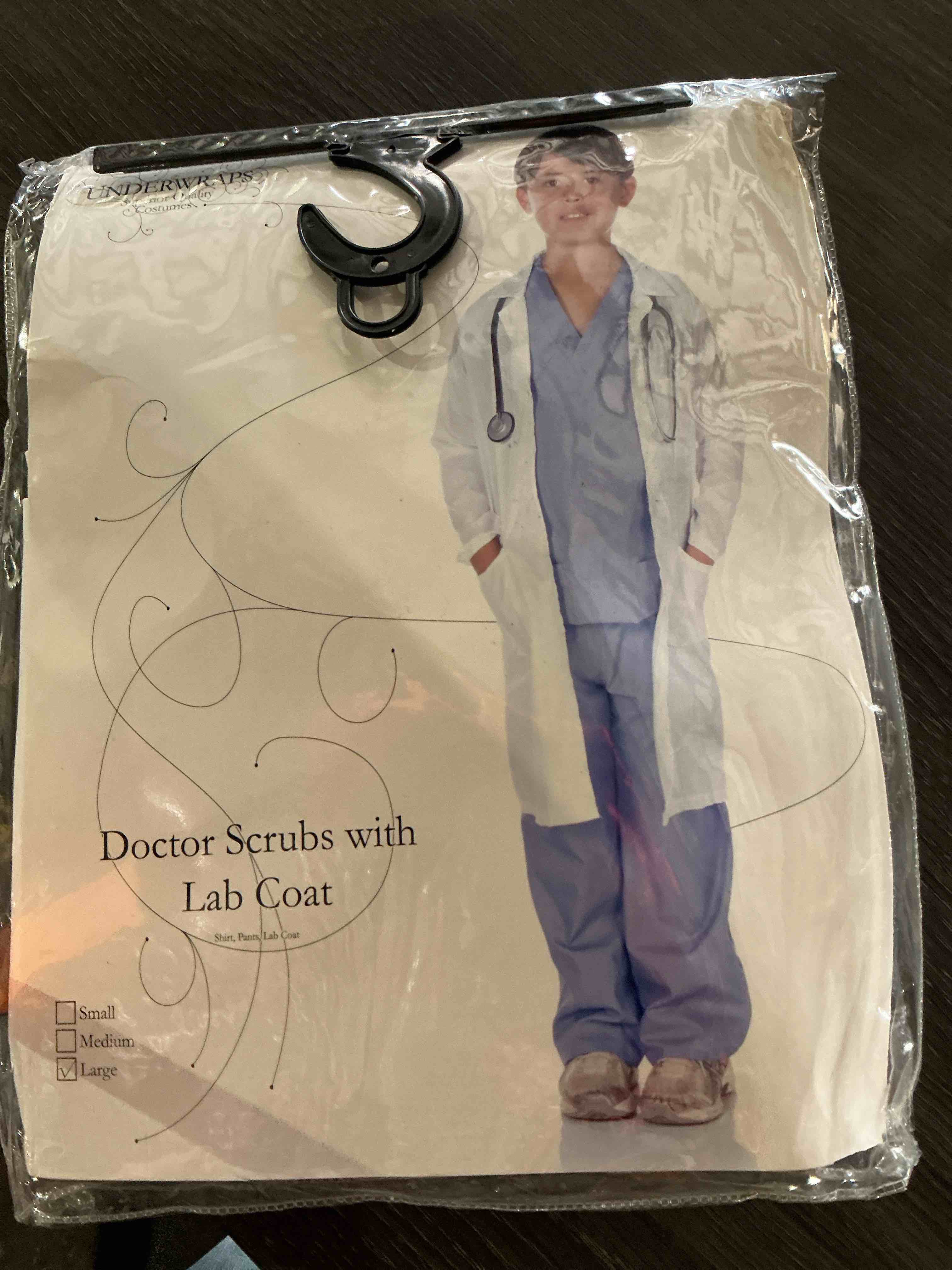 Condition photo showing As Is for underwraps costumes children's doctor scrubs with lab coat, large 10-12 childrens costume