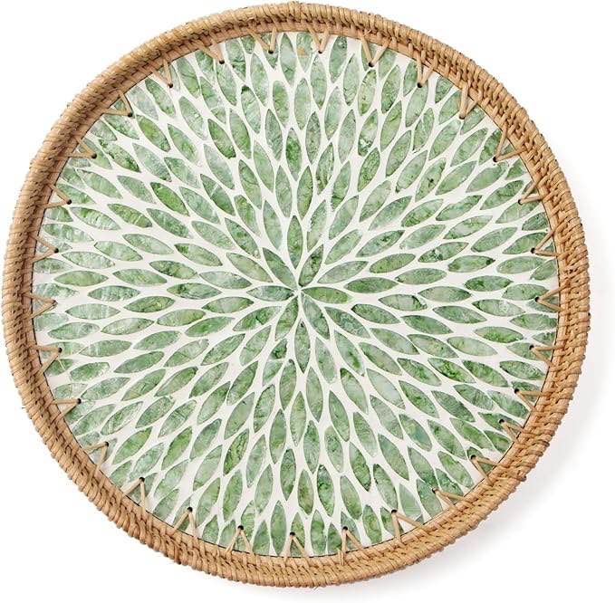round rattan tray with mother of pearl inlay, decorative wicker serving tray with wooden base, woven basket trays for bread fruits coffee, leaf