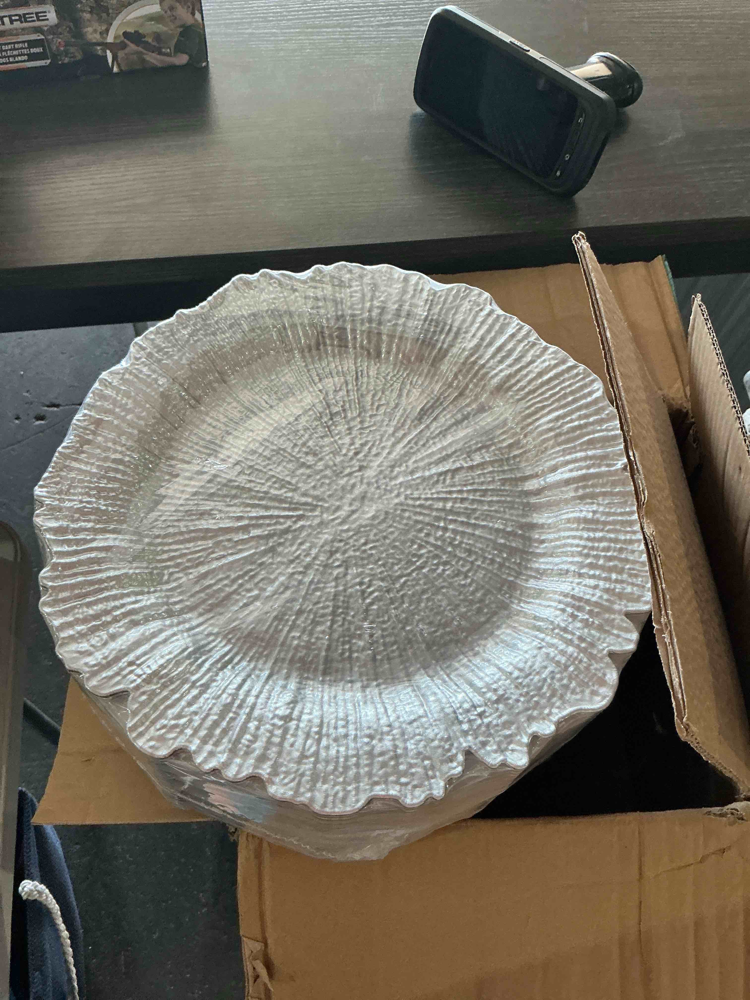 Condition photo showing New/Like New for 50 pack silver charger plates bulk, 13" plastic reef chargers for dinner plates, round charger plate with floral reef design for dinner wedding party table setting decoration