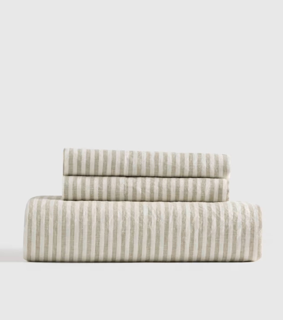 european linen stripe fitted sheet set, willowleaf/white stripe, queen
