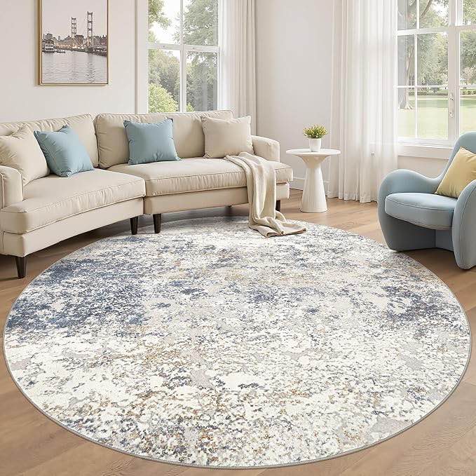 8ft round area rug living room rugs - 8x8 washable large soft indoor neutral modern abstract low pile rug carpet for bedroom dining room farmhouse home office - beige blue