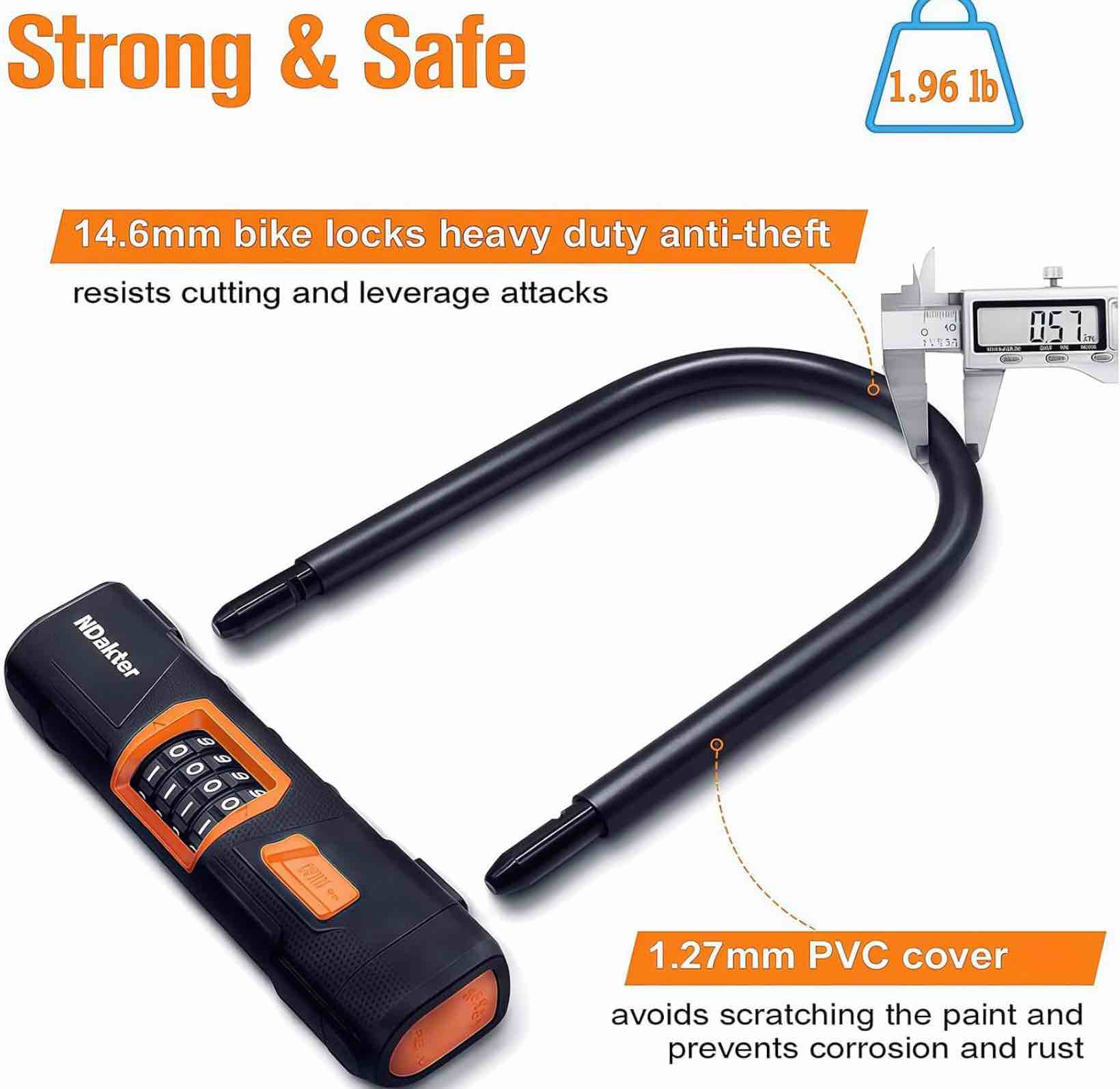 ndakter bike locks heavy duty anti theft, combo bike u lock, 4-digit resettable combination bicycle lock, large u shaped ebike lock with 5ft steel cable for electric bike, escooter, motorcycle,door