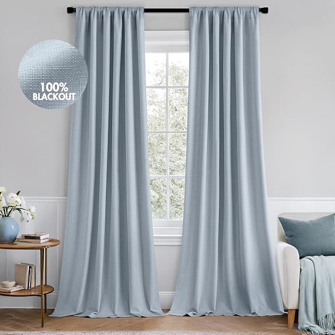 miulee 100% blackout curtains 84 inch long 2 panels set for bedroom, thick faux linen black out curtain room darkening back tab pleat window textured drapes with hooks for living room, chambray blue