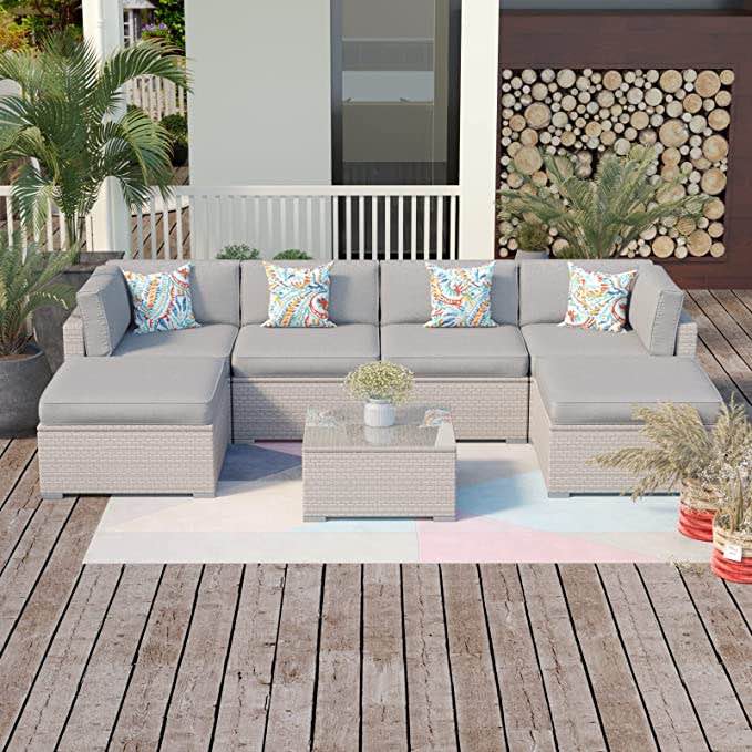 U SHAPED LIGHT GREY WICKER SECTIONAL SOFA PARTS ( 5 BOXES INCLUDED )