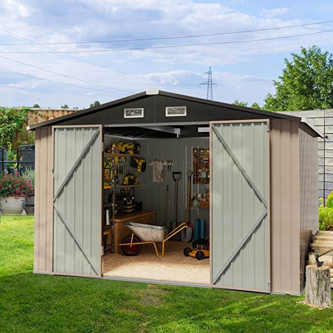 Aoxun Outdoor Storage Shed - 8 x 10 ft Galvanized Metal Bike Shed with Air Vent and Slide Door, Tiny House Garden Tool Storage Shed for Backyard Patio Lawn G0006-01GR-2 ( 3 BOXES INCLUDED - Box 2, Box 3 & Box 3)(Incomplete)