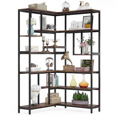 Tribesigns Brown Metal 6-Shelf Corner Bookcase (43.3-in W x 74.8-in H x 43.3-in D) HOGA-JW0277A