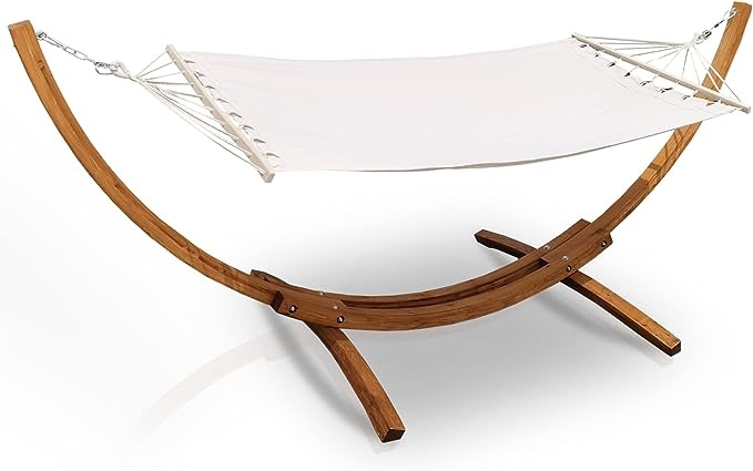 LAZZO 10 Ft Curved Wood Hammock Stand with Portable Hammock, Indoor & Outdoor Pine Hammock Arc Stand with 2X Chains and 4X Hooks for Home Patio Garden Yard Picnic Camp, 250 LB Capacity