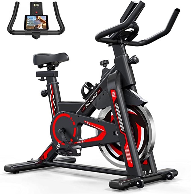 Exercise Bike - Stationary Indoor Cycling Bike for Home Gym with Tablet Holder and LCD Monitor,Silent Belt Drive,Comfortable Seat and Quiet Flywheel