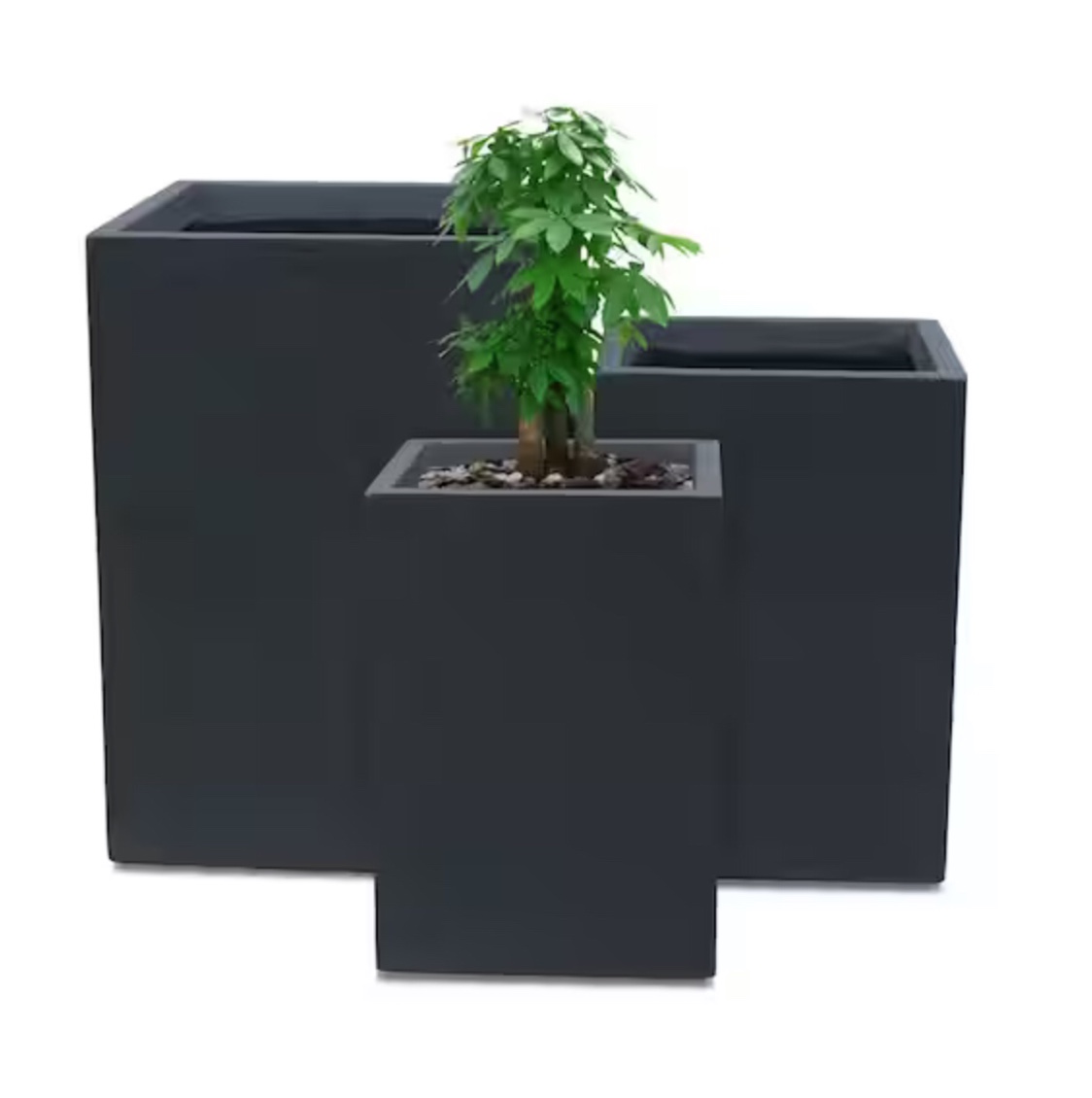 RF0007ABC-C60121 19", 16" and 13"H Charcoal Finish Concrete Tall Square Set of 3, Outdoor Indoor Lightweight Planters w/ Drainage Hole