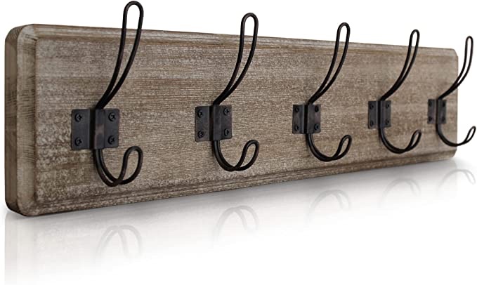 Rustic Coat Rack with 5 Hooks - Whitewash Wall Mounted 24" Coat Rack - Solid Pine Wood Entryway Hanger for Hanging Coats Clothes, Hats, Purse, Keys - Vintage Farmhouse Coat Rack for Kitchen, Bedroom