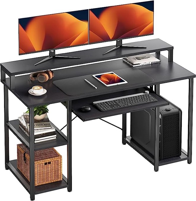 NOBLEWELL Computer Desk with Storage Shelves, 47 inch Home Office Desk with Monitor Stand, Writing Desk Table with Keyboard Tray (Black)
