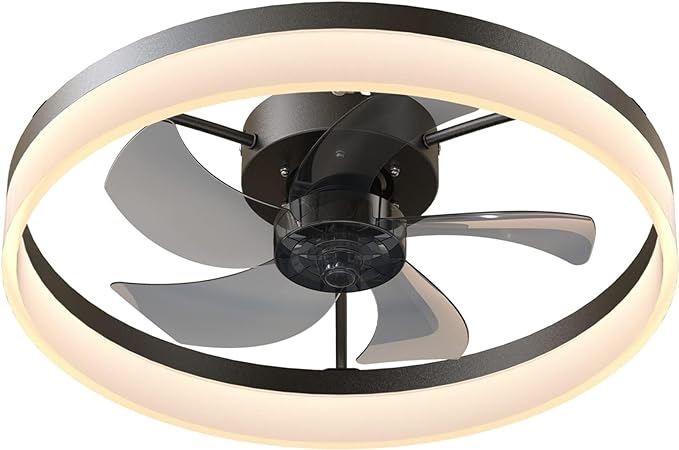 Ceviept Low Profile Ceiling Fan with Light and Remote Control, Flush Mount Ceiling Fan with Lights, Dimmable LED 3 Color 6 Speeds, Timing Reversible Blades, Black, 20"