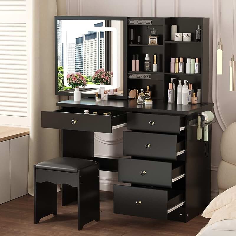 Lucaseone Makeup Vanity Table with Lights Mirror and & Charging Station, Vanity Desk Set with Sliding Mirror and Drawers,Storage Shelves for Bedroom (5407USB)