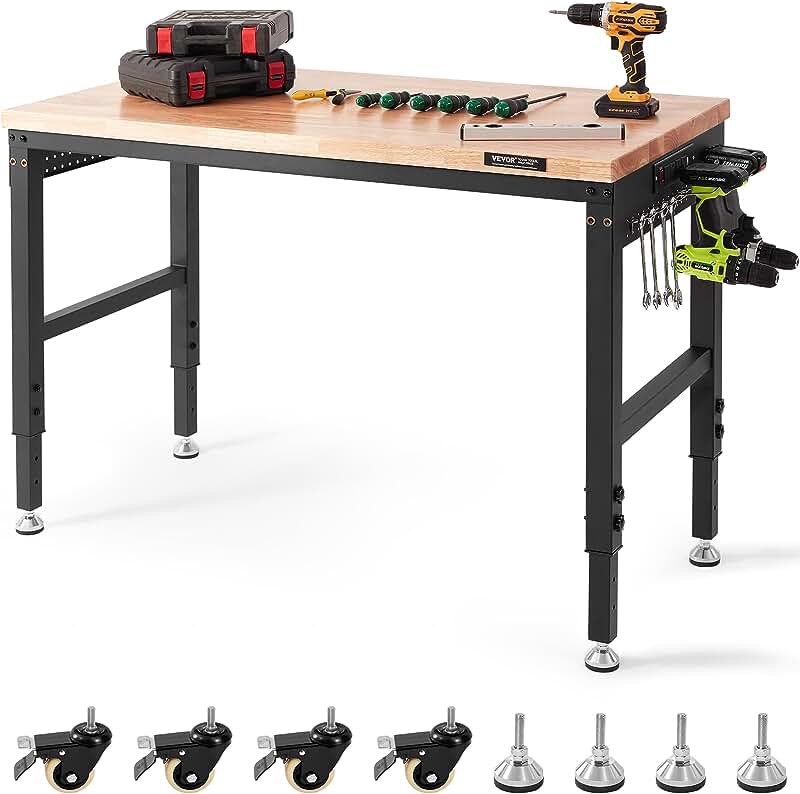 VEVOR Work Benches for Garage Heavy-Duty Steel Work Bench with Power Outlets and Light