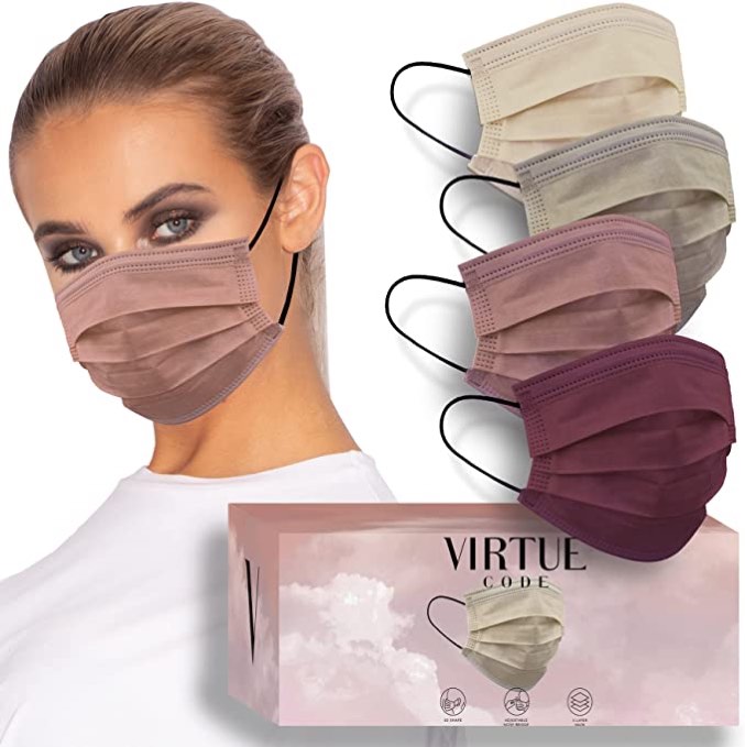 Virtue Code Face Mask. 50 Disposable Face Masks – Earth Tones Color Mask Pack. Cute Mask with Black Straps. One Size Fits Men and Women Adult Disposable Face Mask. Cream, Pink, Burgundy and Beige Mask Collection.
