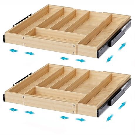 iPEGTOP Bamboo Expandable Drawer Organizer for Utensils Holder, Pull Out Cutlery 2 pack 