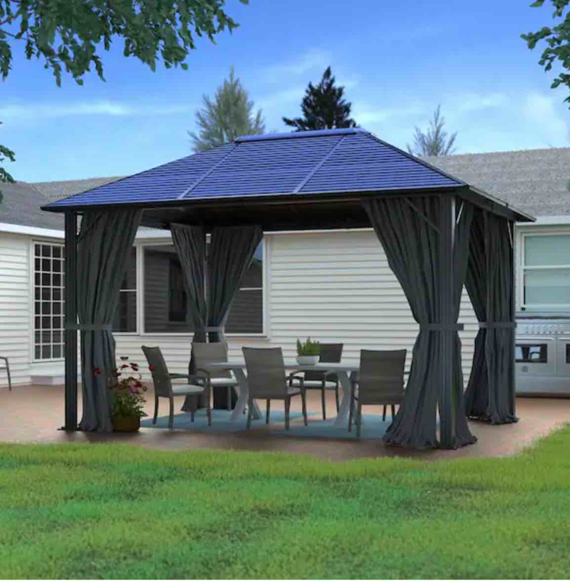 VEIKOUS 12 ft. W x 10 ft. L x 8.7 ft. H Aluminum Hardtop Gazebo with Grey Curtains and Netting INCOMPLETE 