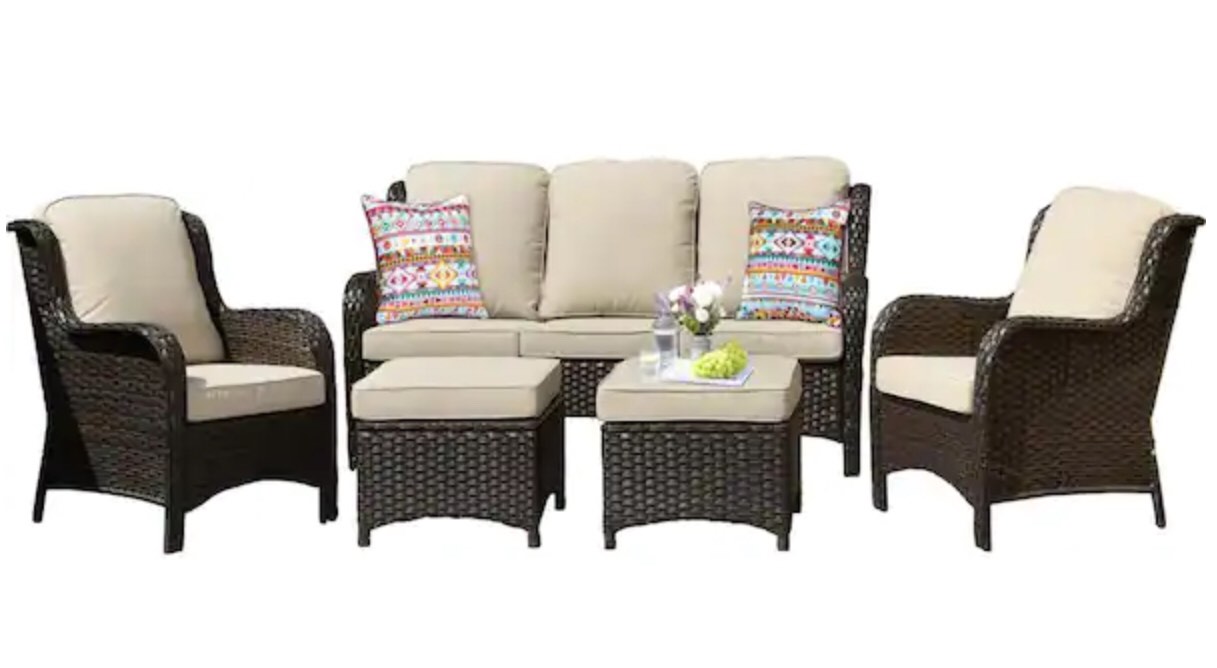 OVIOS New Kenard Brown 5-Piece Wicker Outdoor Patio Conversation Seating Set with Beige Cushions (incomplete, box 1 of 2 only)