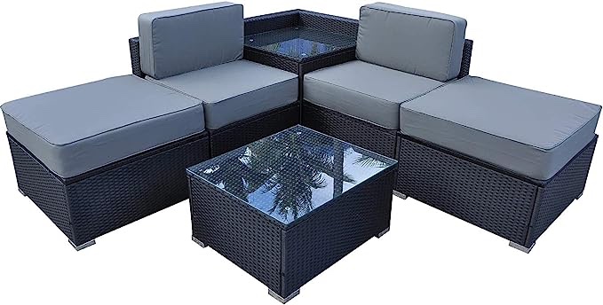 MCombo 5 Pieces Patio Outdoor Wicker Rattan Sofa Sectional Furniture Set Lawn Porch Couch Conversation LoveseatChair with Cushions and Glass Coffee Tea Table (Box 3/3) INCOMPLETE SET