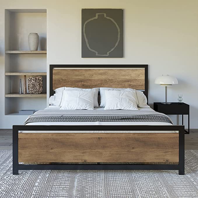 AMERLIFE queen Size Bed Frame with Wooden Headboard, Full Platform Bed Frame with Industrial Footboard/Heavy Duty Steel/Strong 4 U-Shaped Support Frames/Rustic Style/Easy Assembly/Light Brown