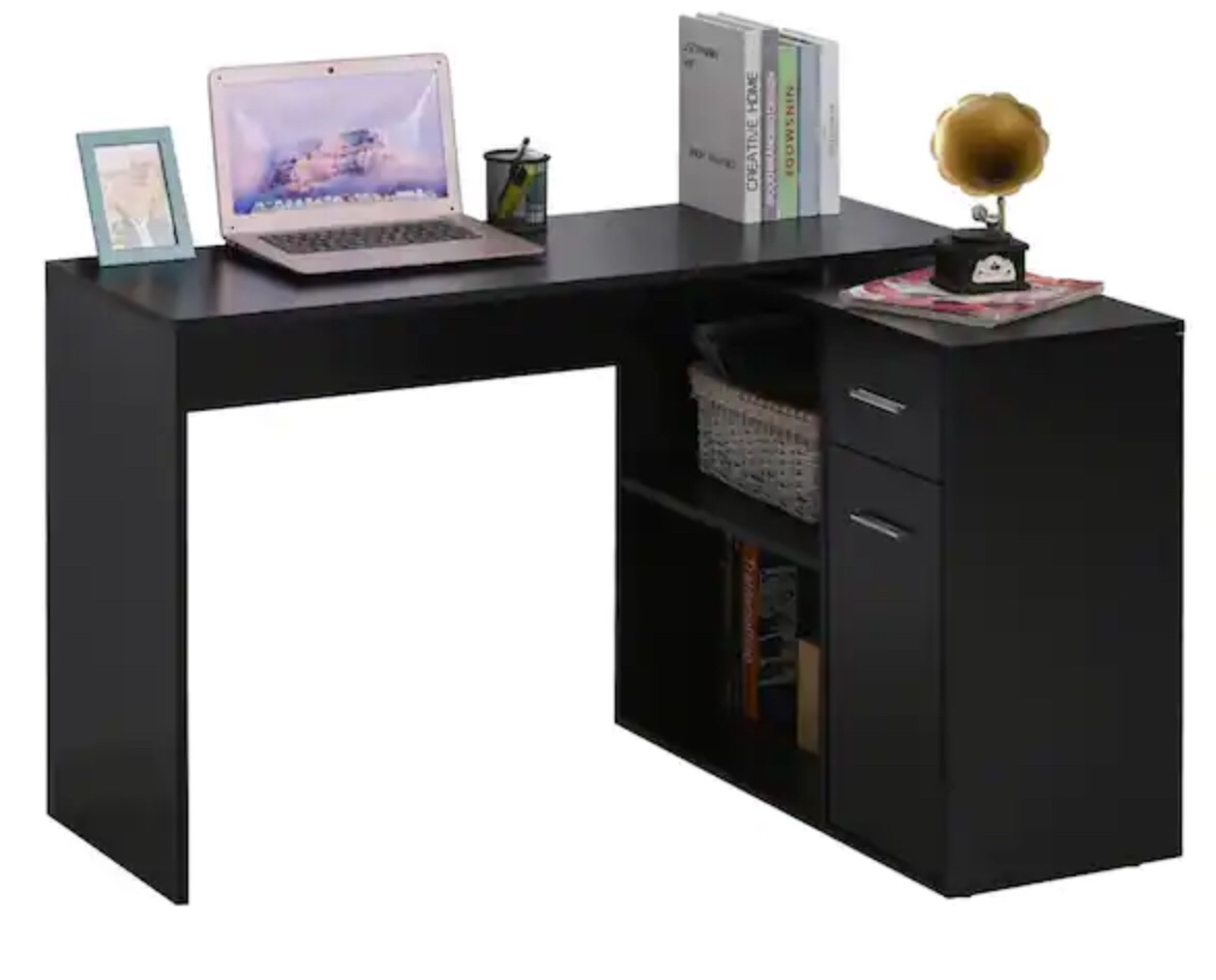 46 in. L-Shaped Black Writing Computer Desk with Storage Shelves and Cabinet