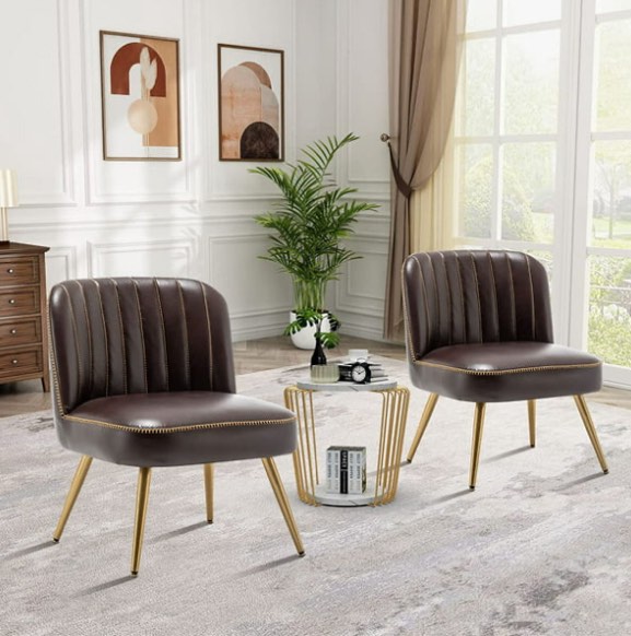 Andeworld Modern Accent Chairs Faux Leather Accent Chairs for Living Room Set of 2 Upholstered Living Room Chairs Large Seat with Metal Legs,Brown