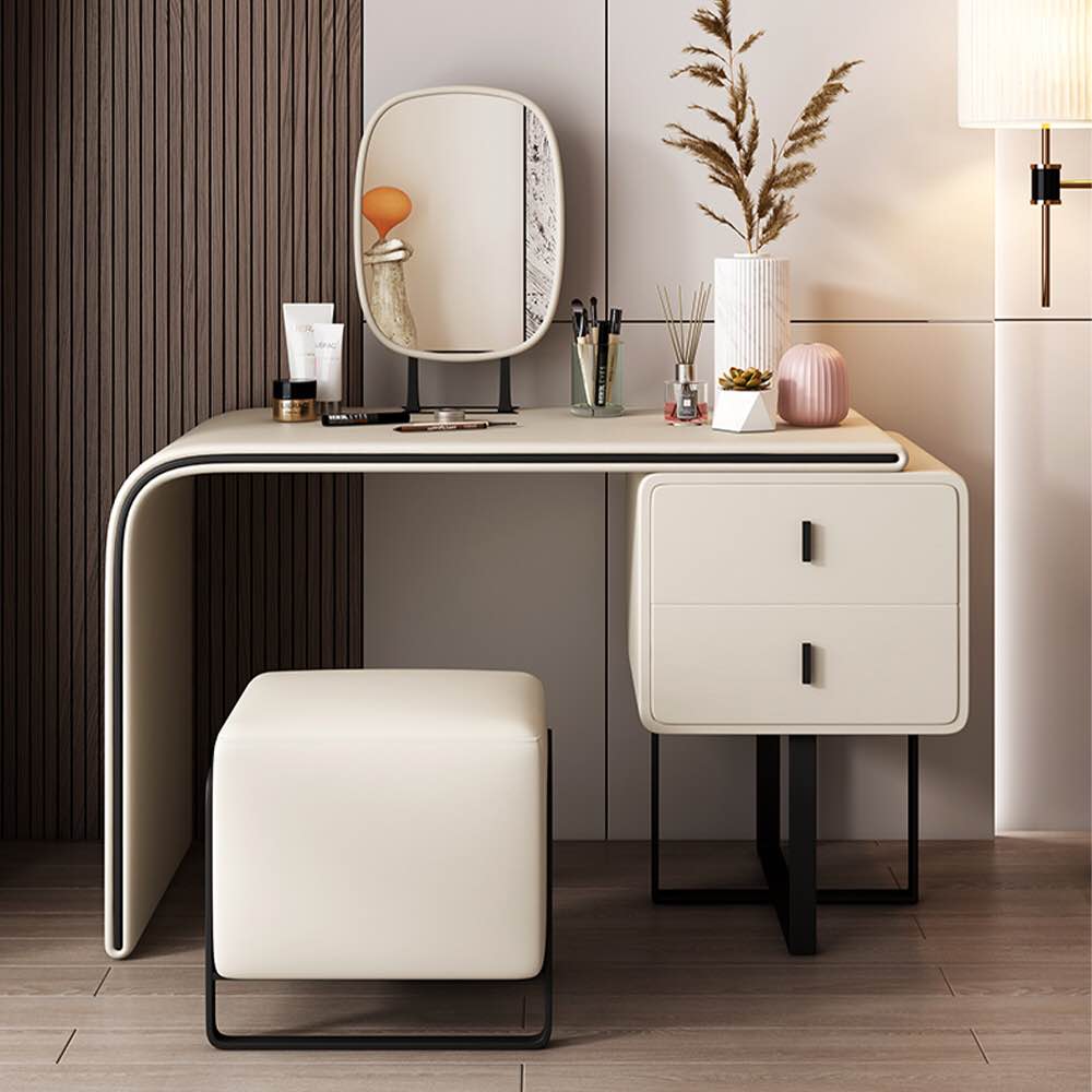 Modern Makeup Vanity Set with PU Leather, 2 Solid Wood Drawers, Side Cabinet, Mirror, Stool, for Bedroom, White, 39.37'' (Incomplete)