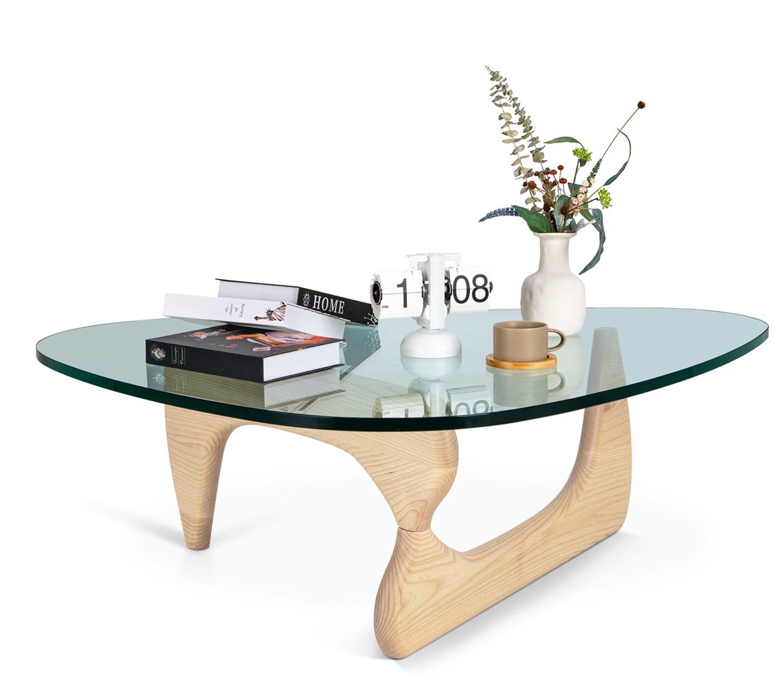1inchome Triangle Glass Coffee Table with 0.8 inches Thick Tempered Glass, Solid Wood Base Table, Natural Wood